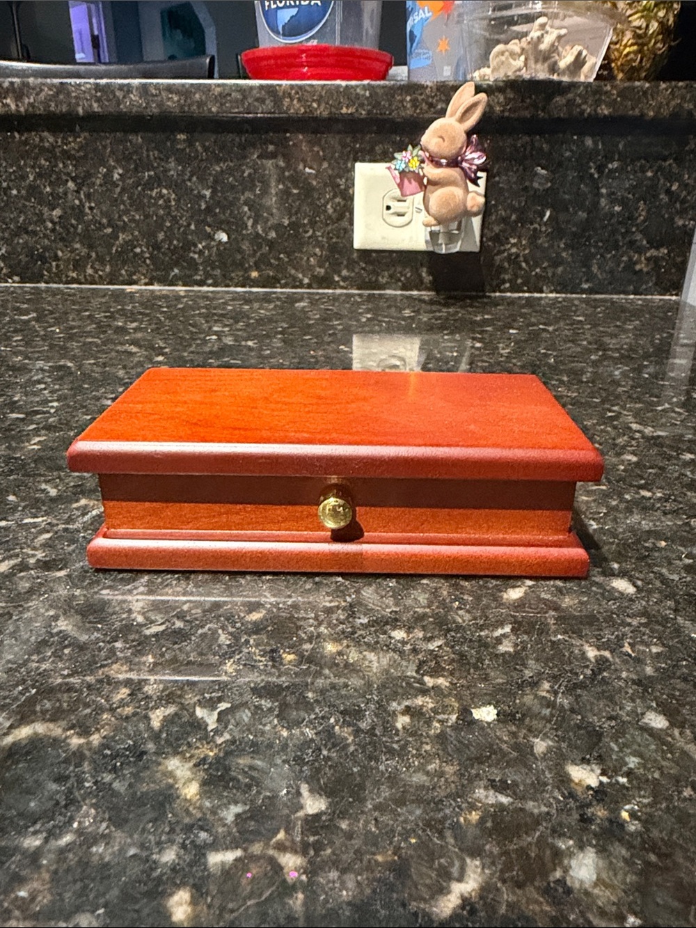 Wooden Jewelry Box with Brass Knob - Red Finish
